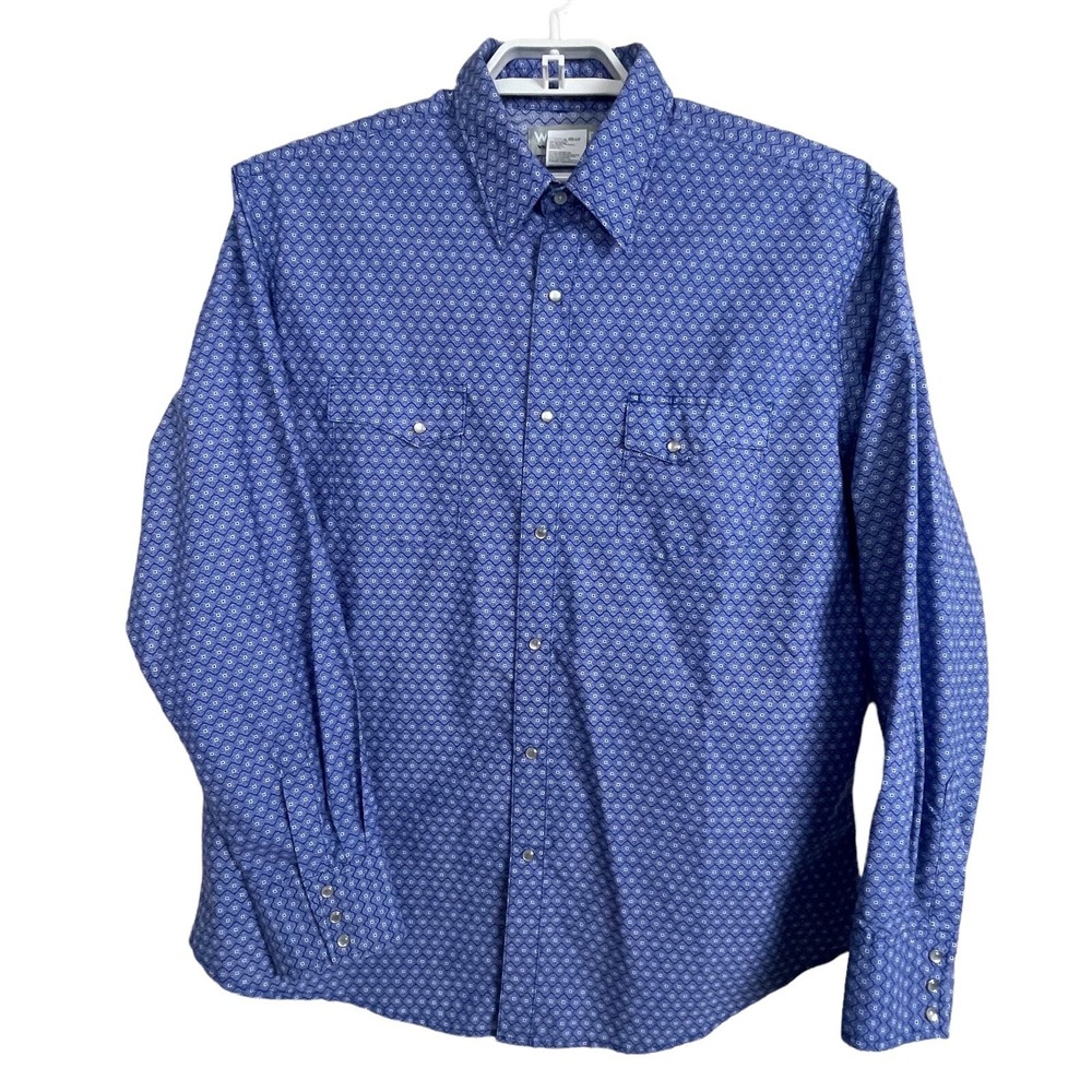 Wrangler Wrancher Shirt Mens XL Tall Blue Western Pearl‎ Snap Long Sleeve Rodeo